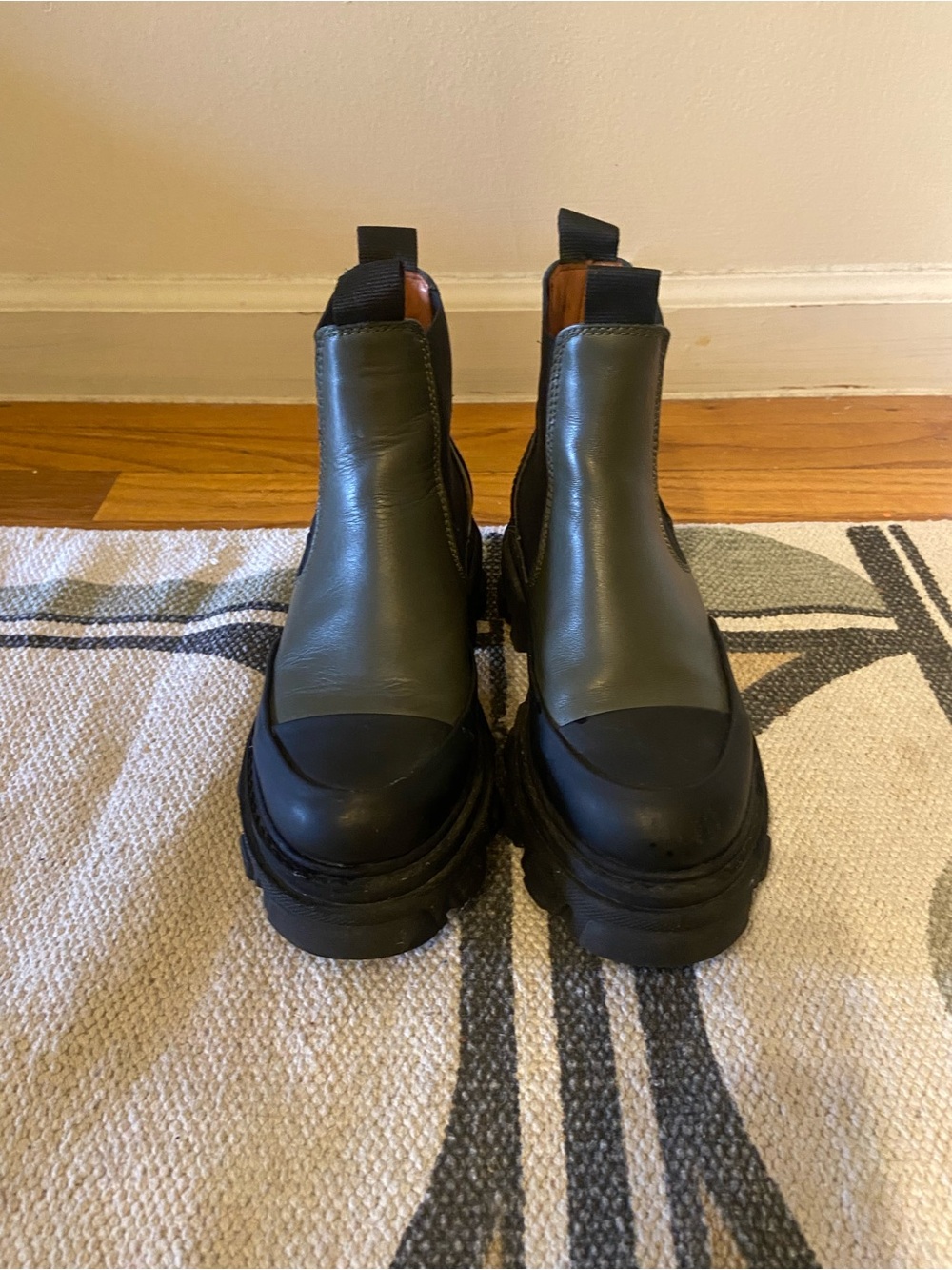 Ganni Olive Green and Black Chelsea Lug Boots
